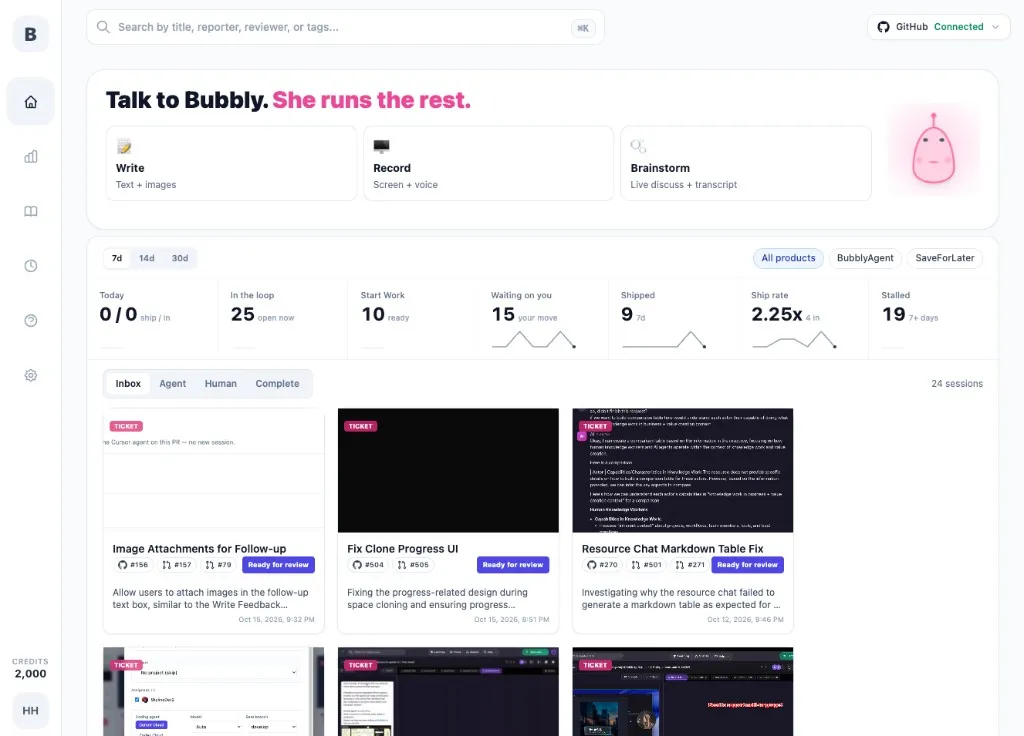 BubblyAgent.ai dashboard with Talk to Bubbly modes and ticket inbox