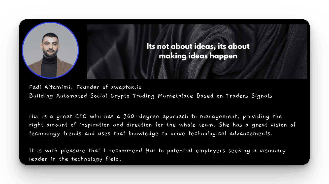 Client feedback from the founder of SwapTok