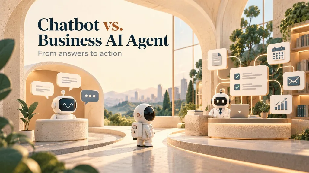 Split scene of a chatbot giving answers on one side and a business AI agent finishing workflows on the other, with a small astronaut between them.