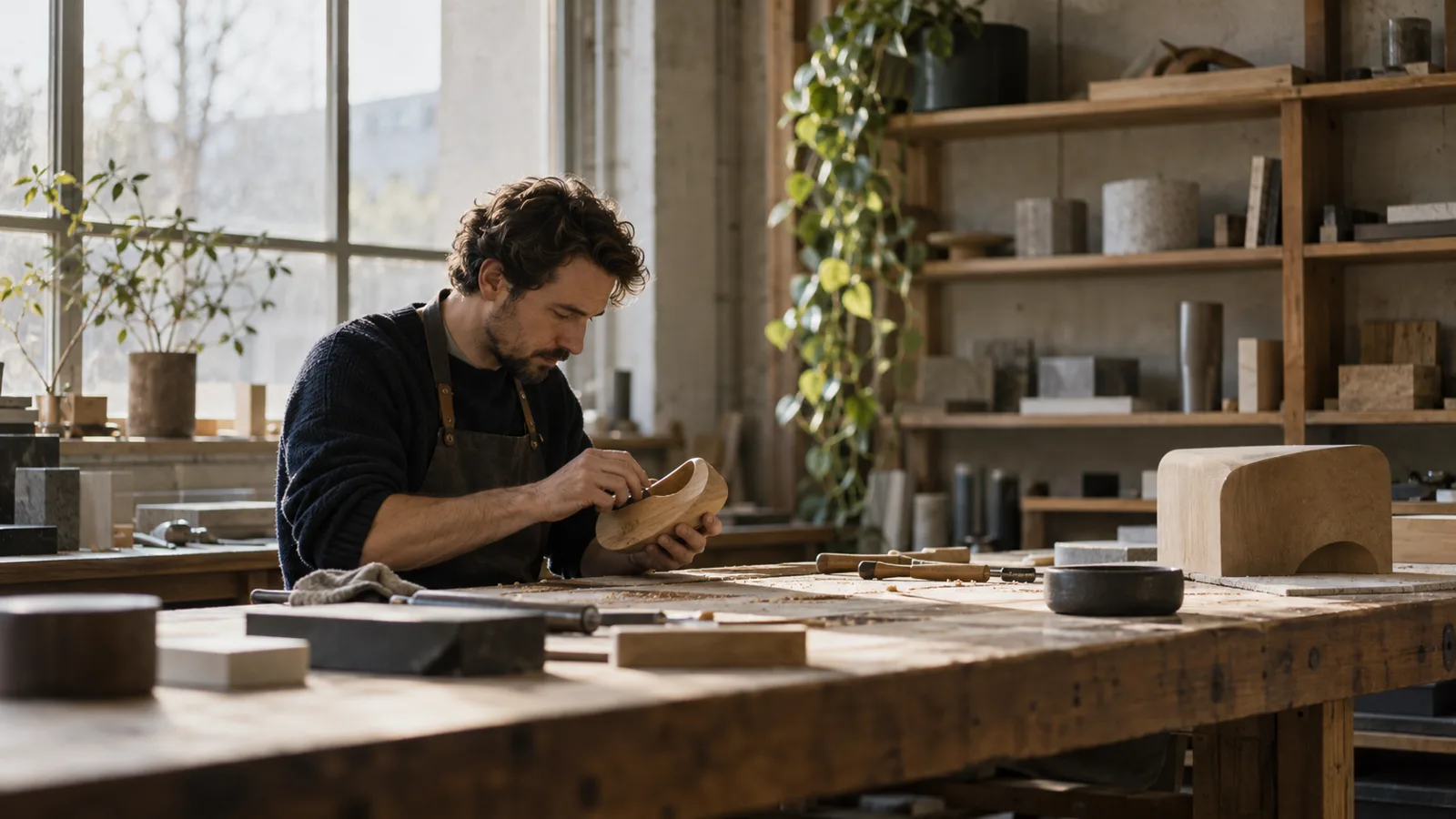 A craftsman carves a wooden form at a workbench in a sunlit studio.
