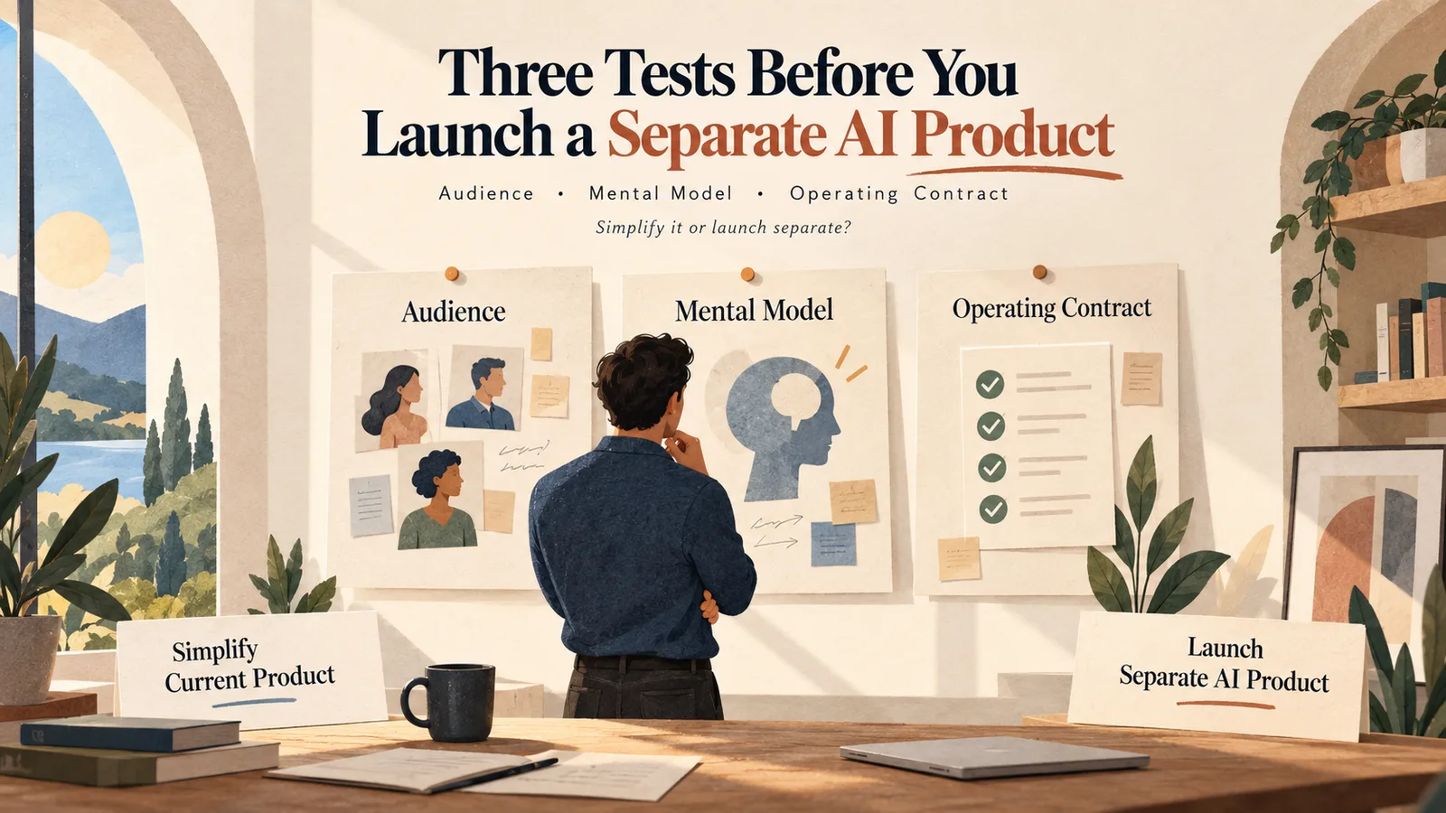 A person studies three pinned boards labeled Audience, Mental Model and Operating Contract, between cards reading Simplify Current Product and Launch Separate AI Product.